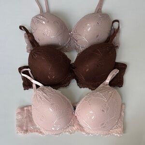 Set of 3 Elegant Lace Underwire Bra Set - Pink, brown and nude size 36 B